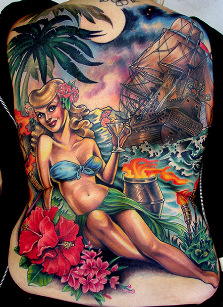 Tattoos - Bright Color Beach Back Tattoo - 115349